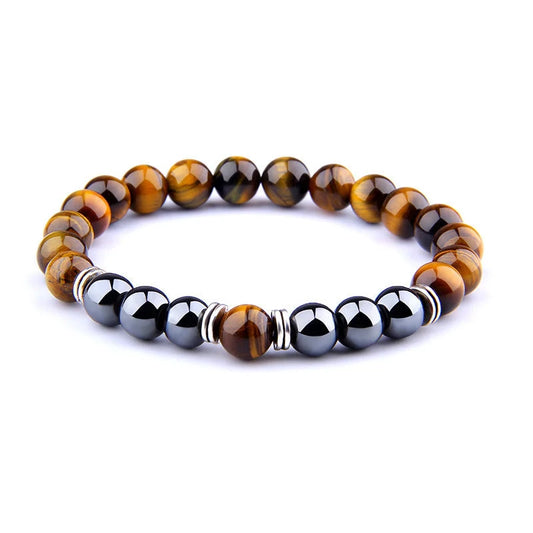 Yellow Tiger Eye Bracelet with obsidian alloy separators, elastic design for comfort