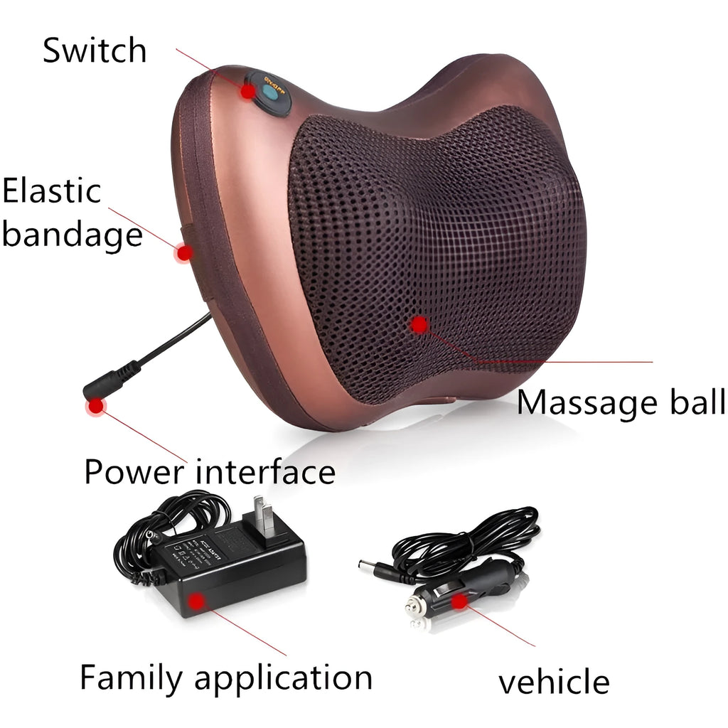 Electric infrared heating kneading massage pillow in black PU leather with shiatsu massage heads and car strap