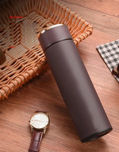 Premium thermos mug with touch-sensitive temperature display, available in black, red, and blue colors with 12 oz and 16 oz capacity options