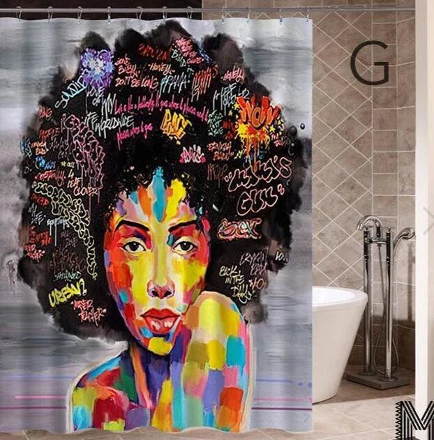 Colorful African girl portrait with graffiti art and modern buildings on a shower curtain