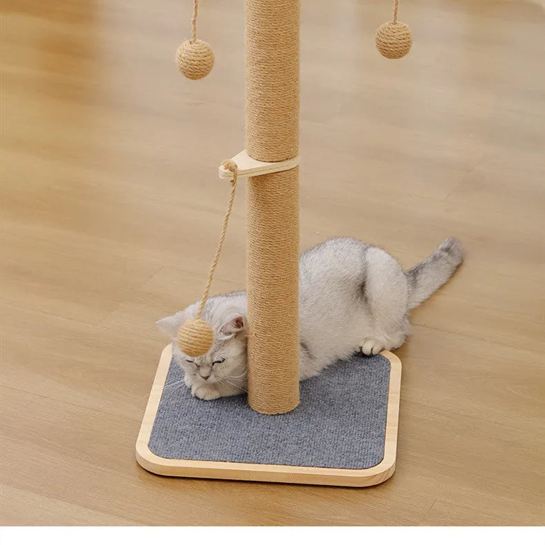 Windmill design cat climbing frame with a hanging scratch-resistant ball on a pine wood structure.