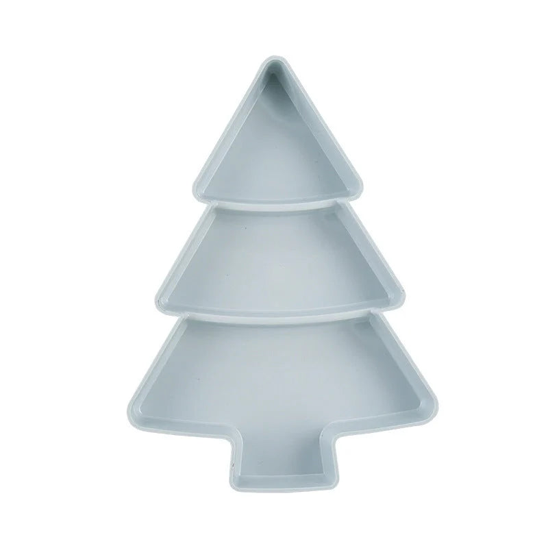 Christmas tree shaped divided fruit platter in pink, grey, blue, and white