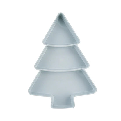 Christmas tree shaped divided fruit platter in pink, grey, blue, and white