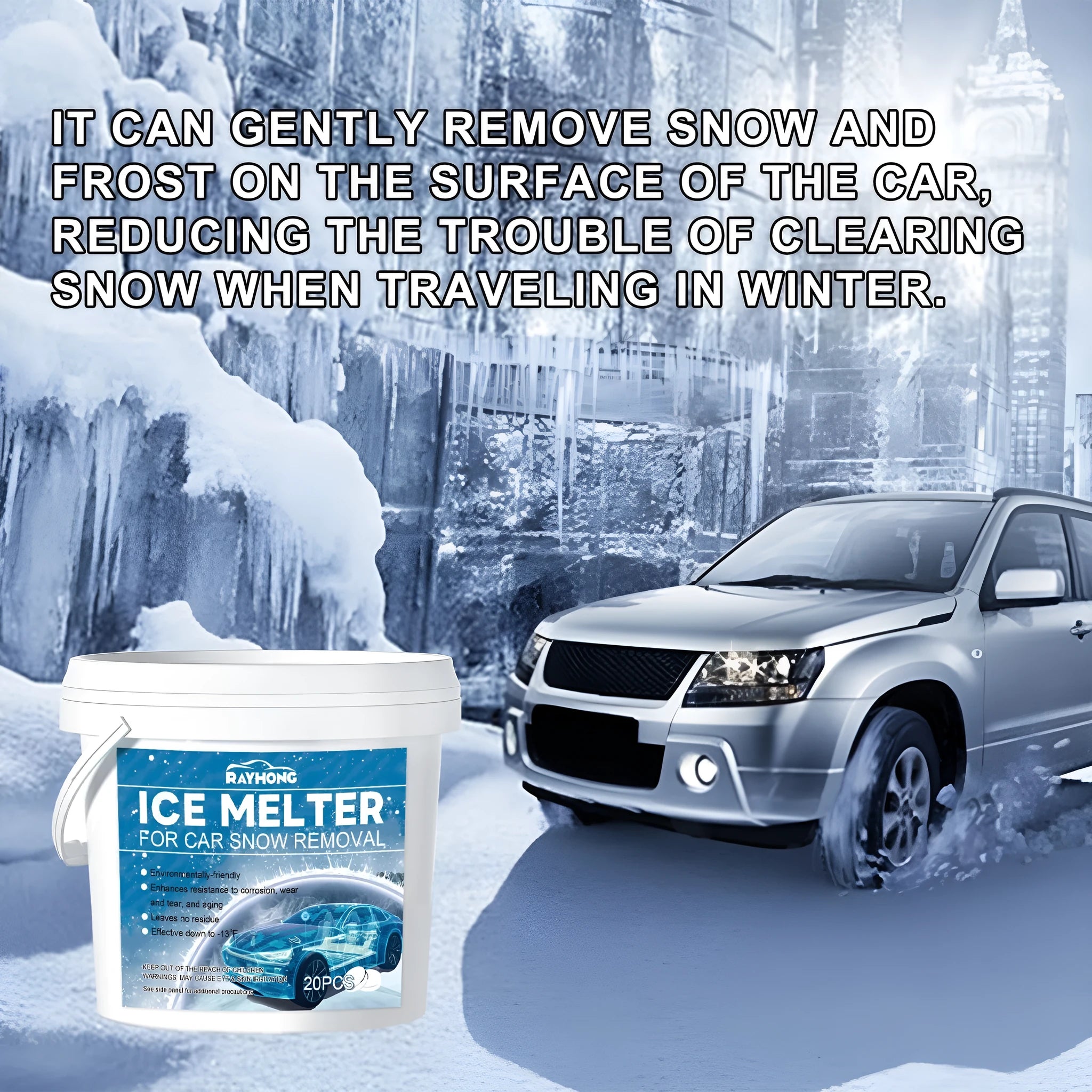 Car snow melting effervescent tablets box containing 20 tablets for winter windscreen de-icing