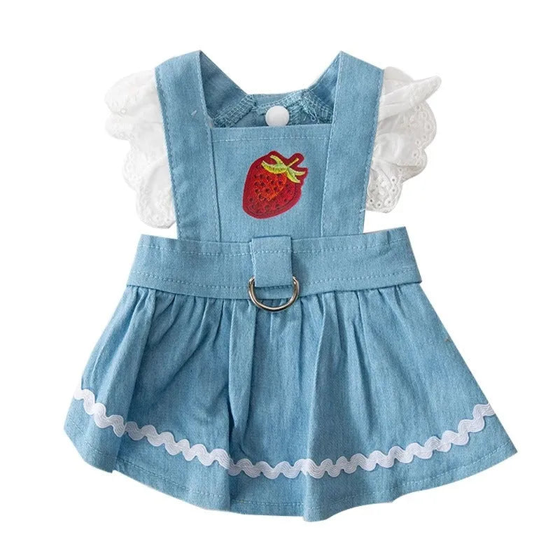 Strawberry print denim dog skirt with traction patches in Bondi Blue colour