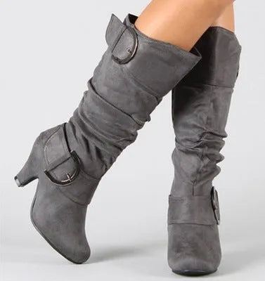 Women's brushed velvet suede boots with high cylinder, tapered heel, and round toe in multiple colours
