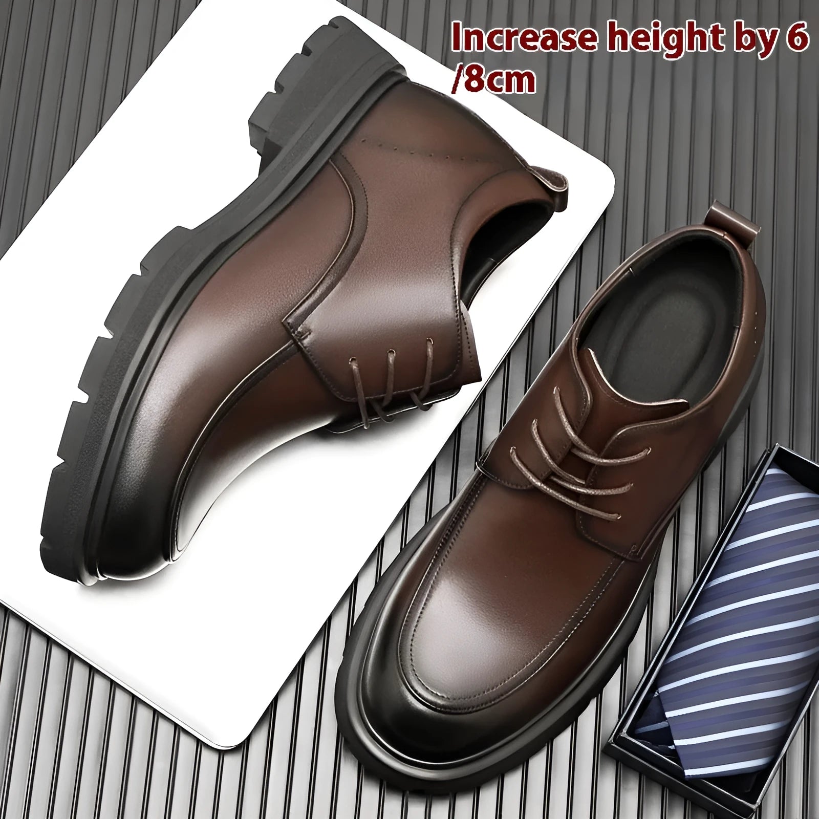 Height increasing formal leather shoes for men with 6cm lift, round toe, black colour, two-layer cowhide upper