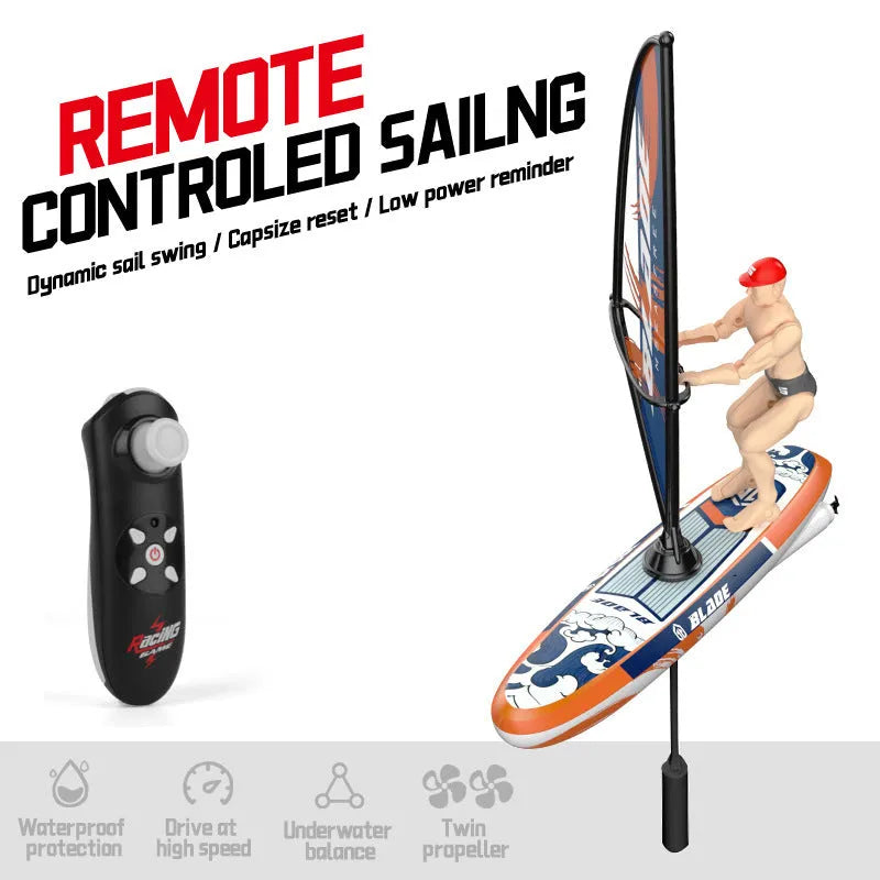 Remote control plastic sailboat toy in blue green and yellow colours for teenage outdoor water play