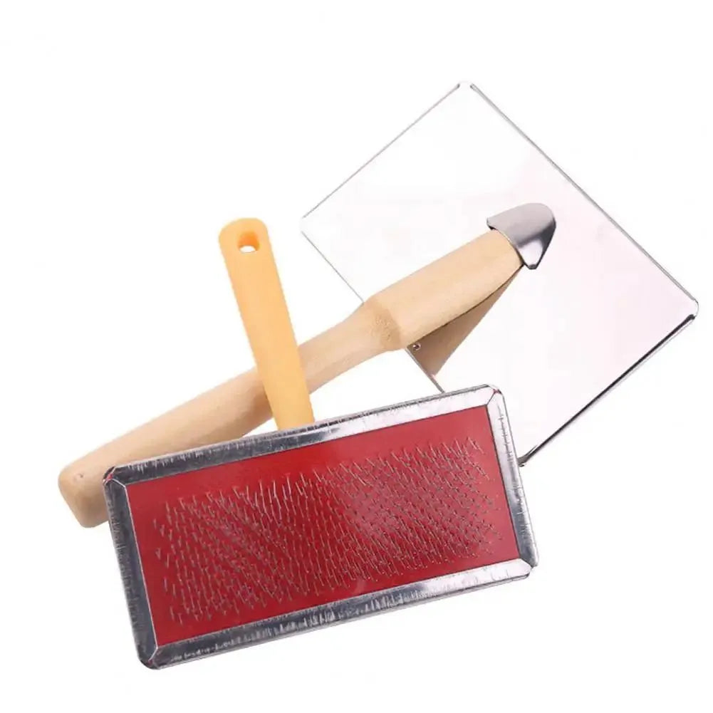 Stainless steel pet grooming comb with wooden handle on a white background for detangling dog and cat fur