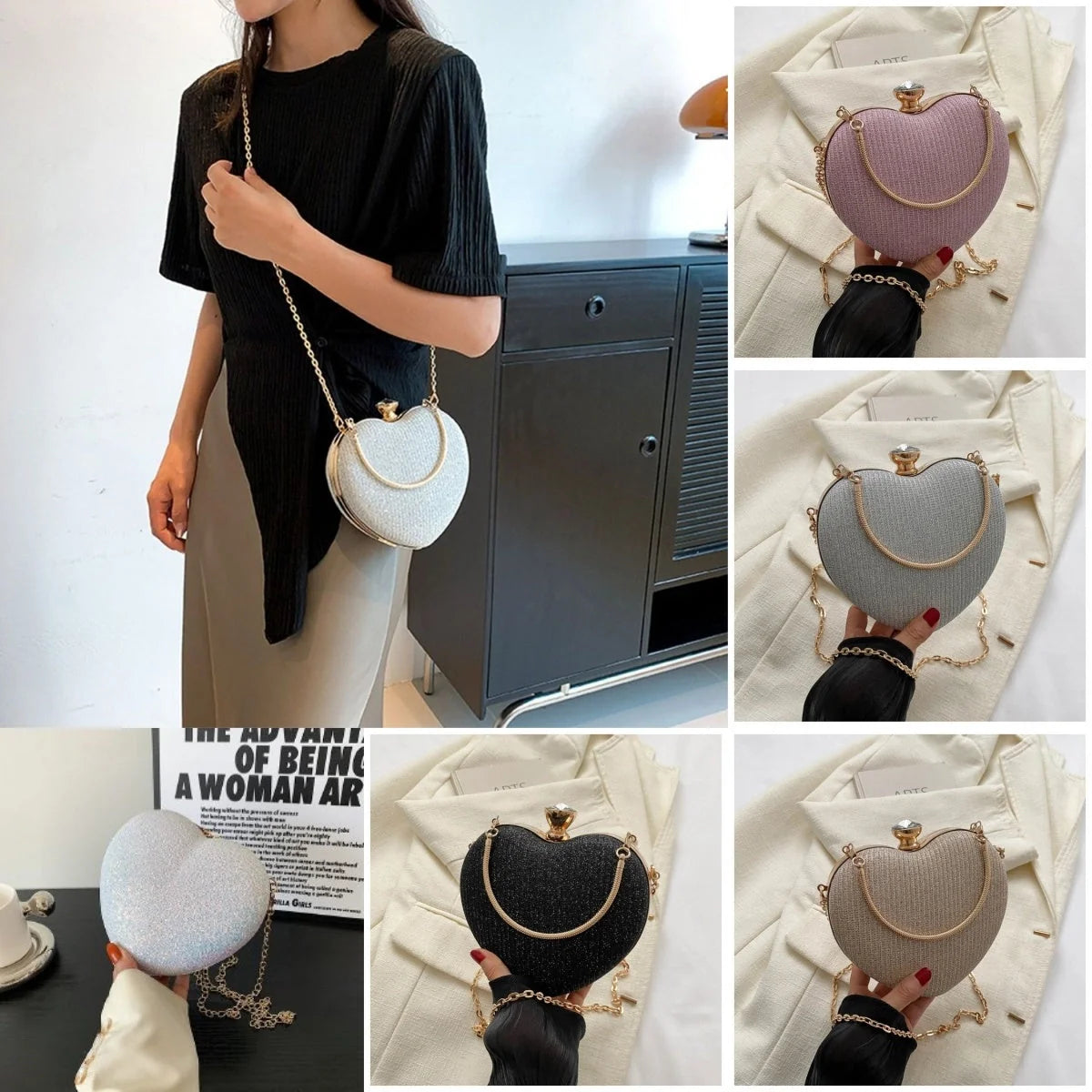Heart-shaped shiny metal clutch bag with chain strap in various colours