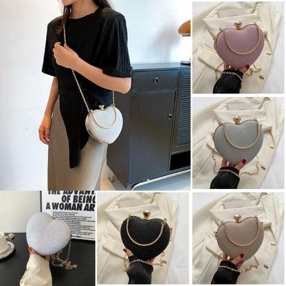 Heart-shaped shiny metal clutch bag with chain strap in various colours
