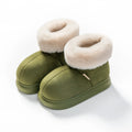 Beige women's winter ankle boots with plush upper, thick EVA sole, and round toe