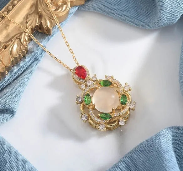 S925 silver inlaid natural chrysoprase agate geometric round pendant necklace on copper base with gold detailing, green chalcedony option