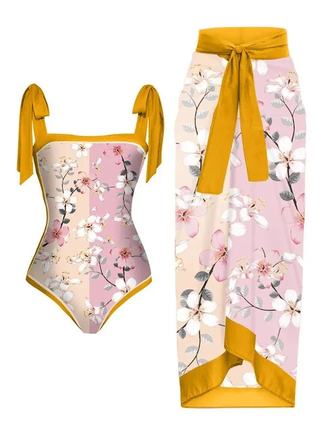 Women's printed polyester swimsuit with chiffon skirt in two-piece set