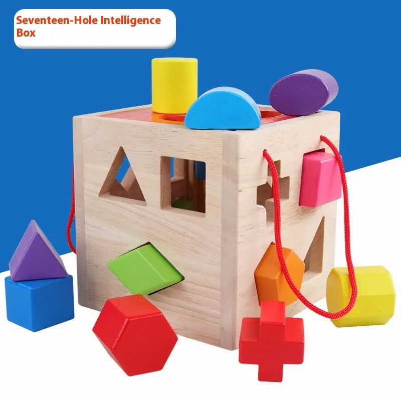 Wooden geometric shape matching building blocks with intelligence boxes for infants