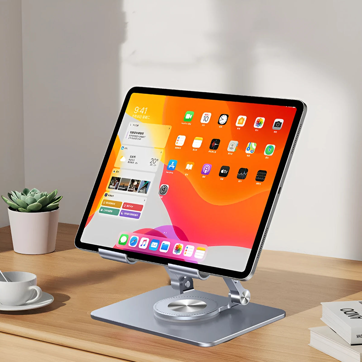Folding tablet stand with 360-degree rotation in transparent colour on a desk