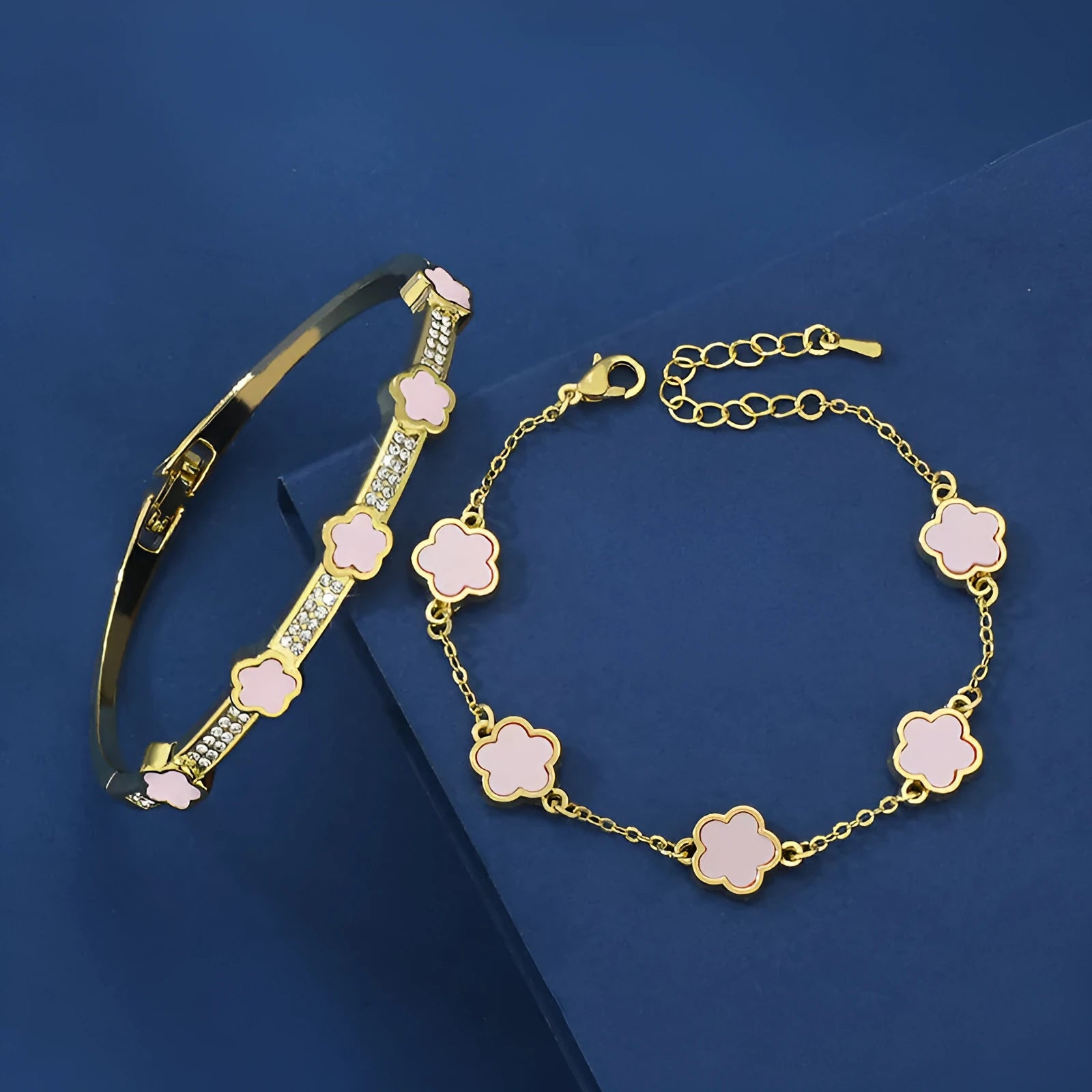 Five Petal Flower Brace Lace Bracelet Two-piece Set in copper with electroplated finish, five colours available