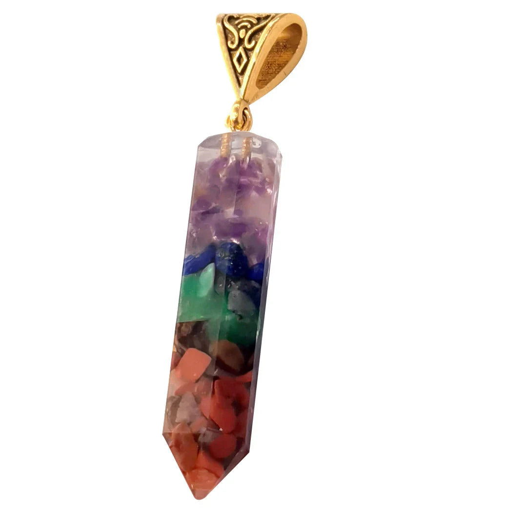 Seven chakra natural crushed stone hexagon column necklace with aura pendant in gold color