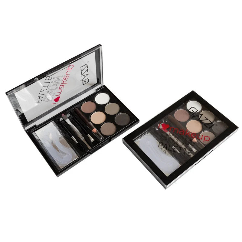 GLAZZI eyebrow palette with six shades, stencils, and brushes for perfect eyebrows