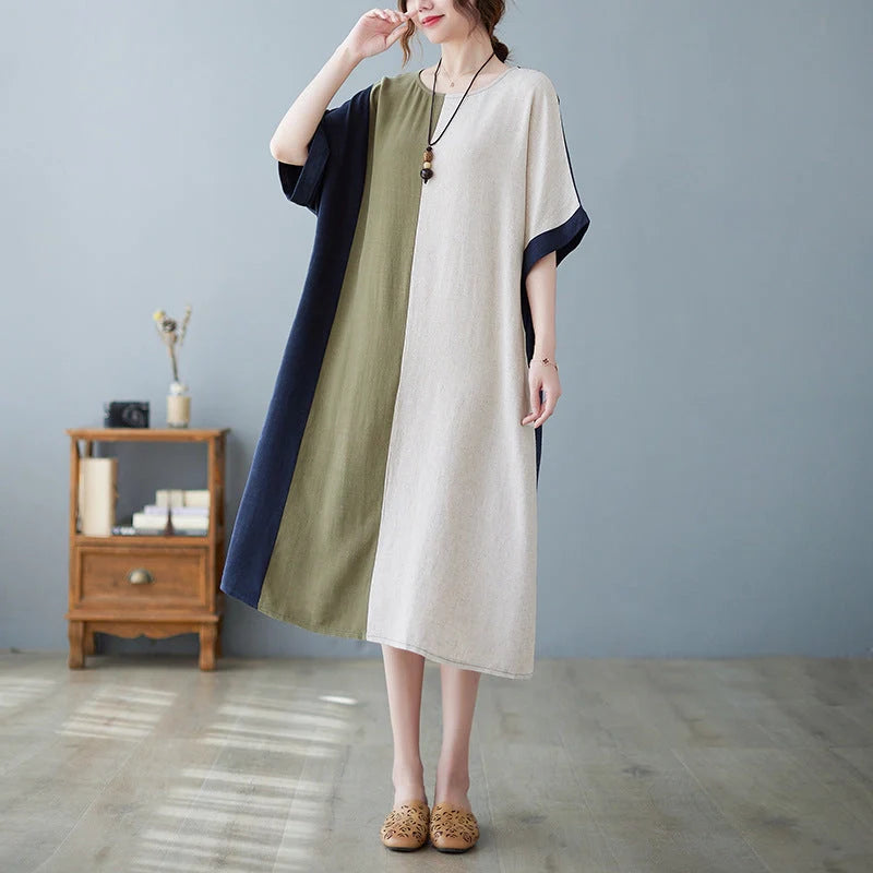 Cotton and linen loose half sleeve contrast paneled dress in original hemp colour