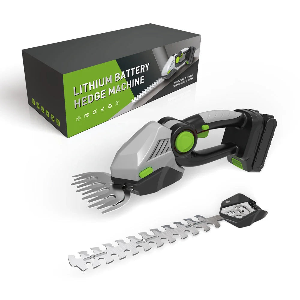 Wireless handheld hedge trimmer in green with 3600rpm speed for efficient garden maintenance