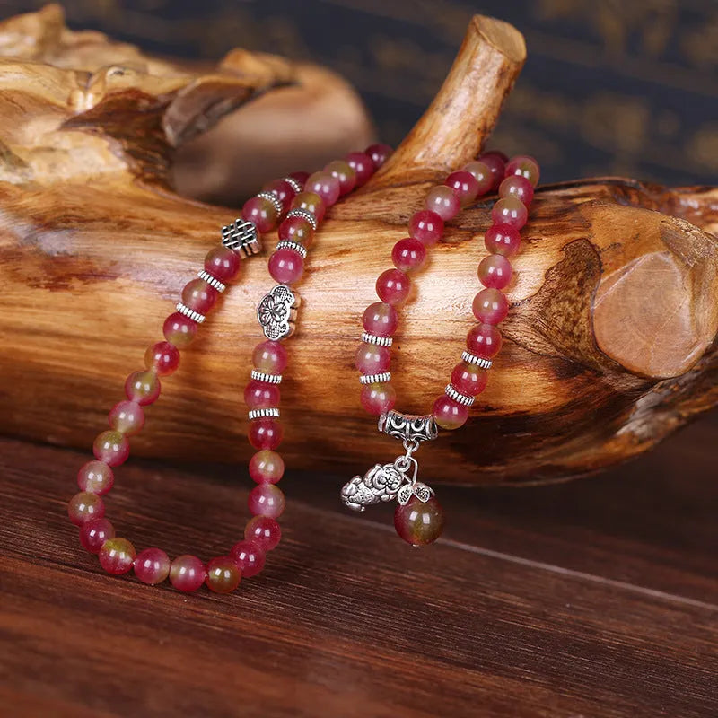Handmade watermelon crystal bracelet with Chinese knot design and geometry beads in 6mm or 8mm sizes