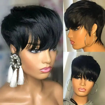 Short straight human hair wig with side bangs in natural black colour, showing 30cm length and realistic hairline