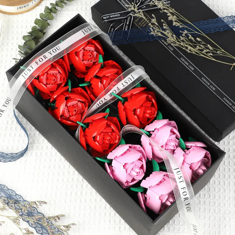 Educational toys rose building blocks set in blue, pink, and red small particle plastic pieces