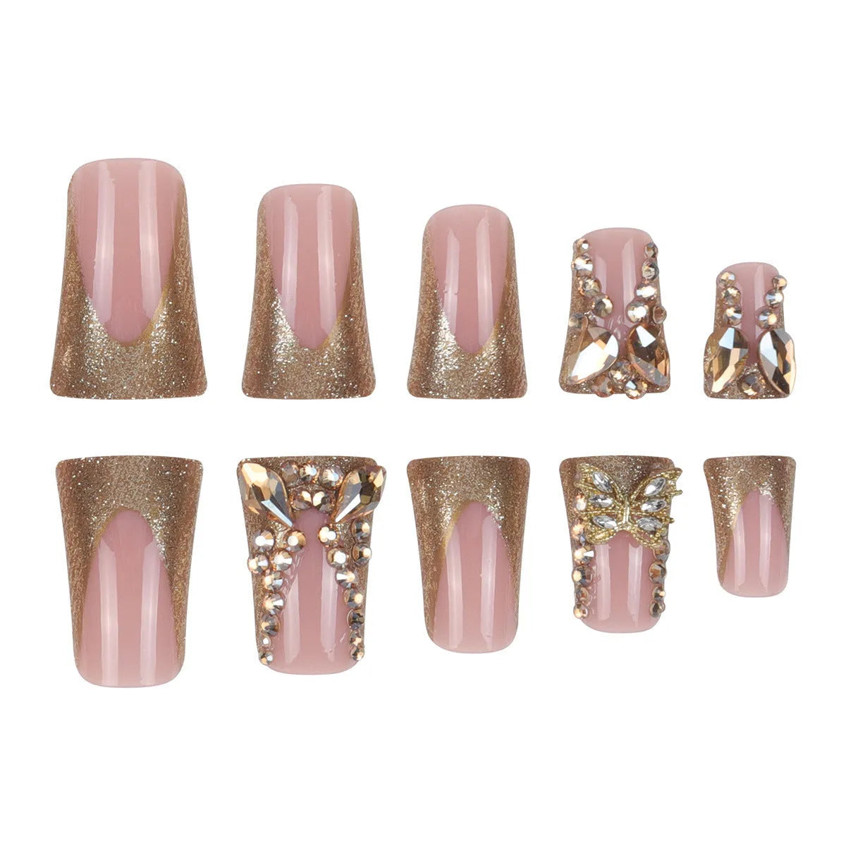 Golden diamond and butterfly design nail stickers on nails with debris texture, part of a 24-piece DIY kit.