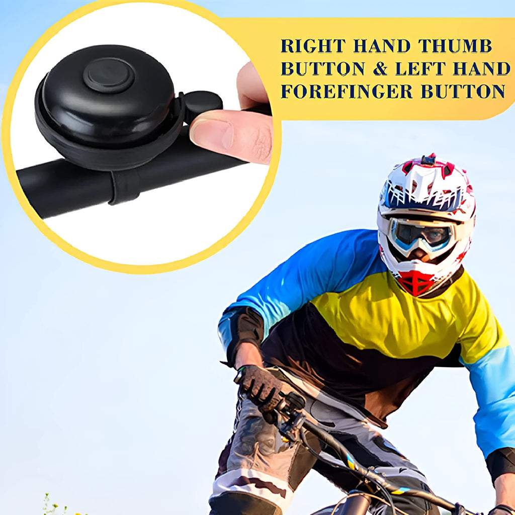 Black ABS plastic bicycle bell with external mounting bracket for 22mm handlebars