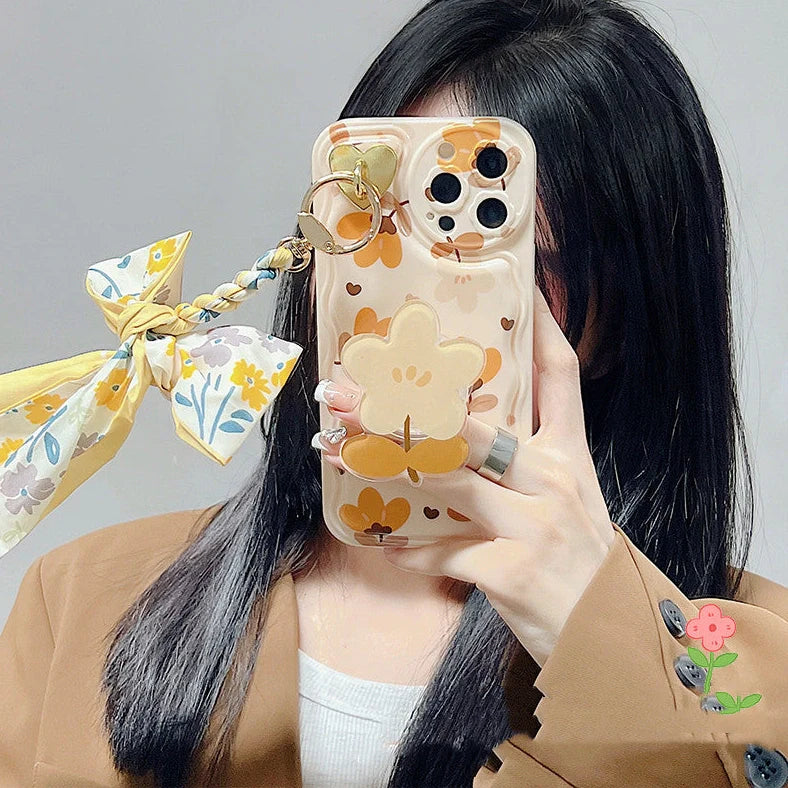 Autumn leaves floral pattern phone case with silk scarf and folding bracket for iPhone