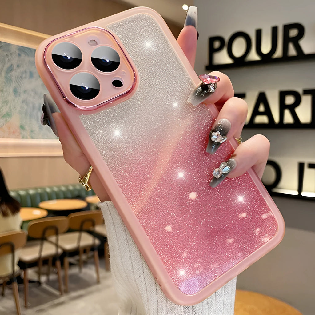 Ultra-thin transparent glitter phone case for iPhone with magnetic suction and multi-colour gradient finish.