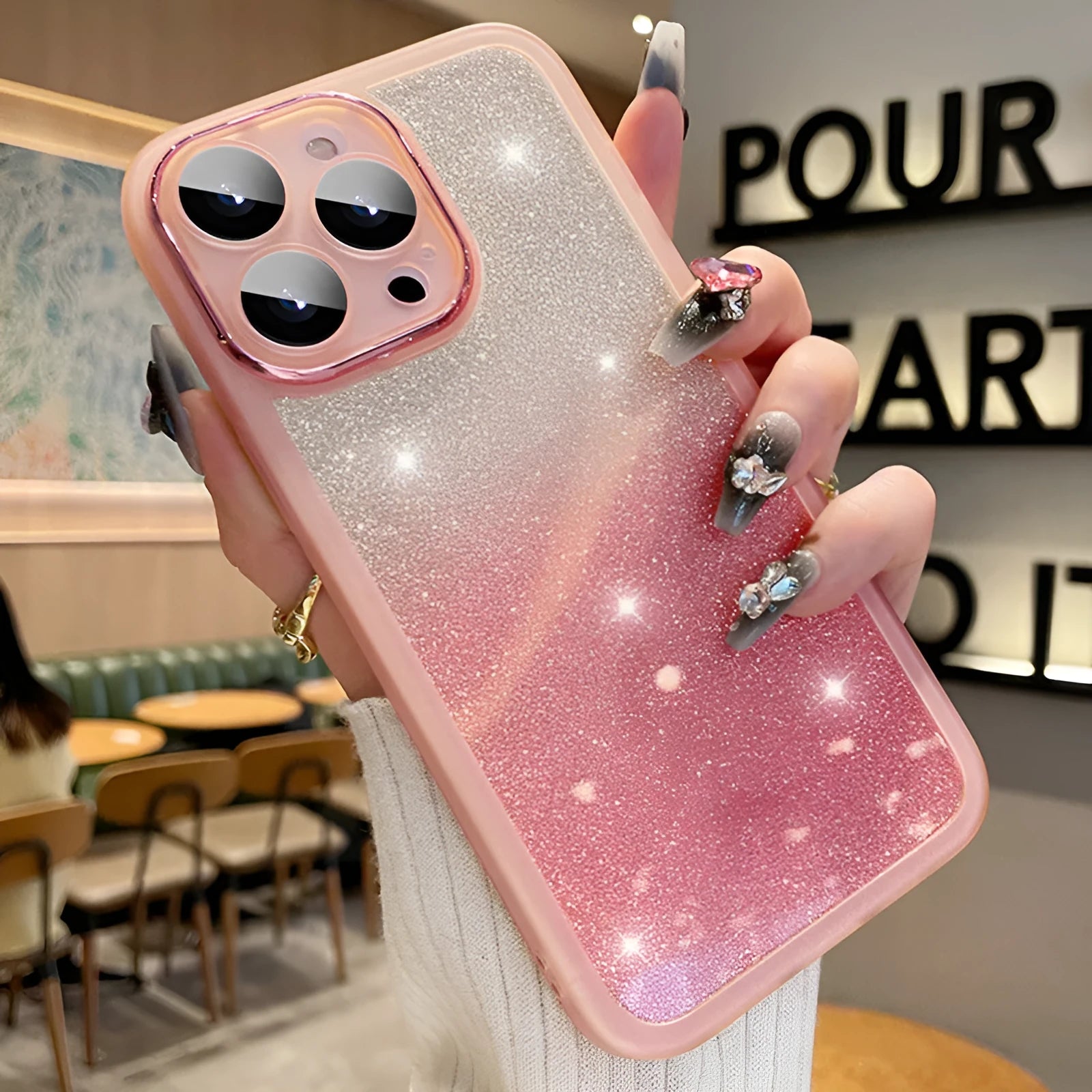 Ultra-thin transparent glitter phone case for iPhone with magnetic suction and multi-colour gradient finish.