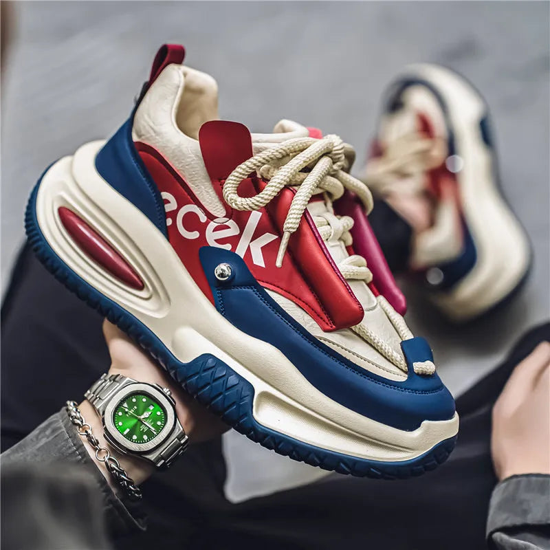 Men's casual sports waterproof dad shoes in solid colour with platform rubber sole and leather stitching