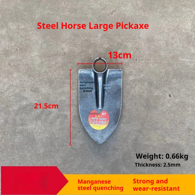 Agricultural steel horse pointed hoe tool with a flat hoe design and stainless steel construction.