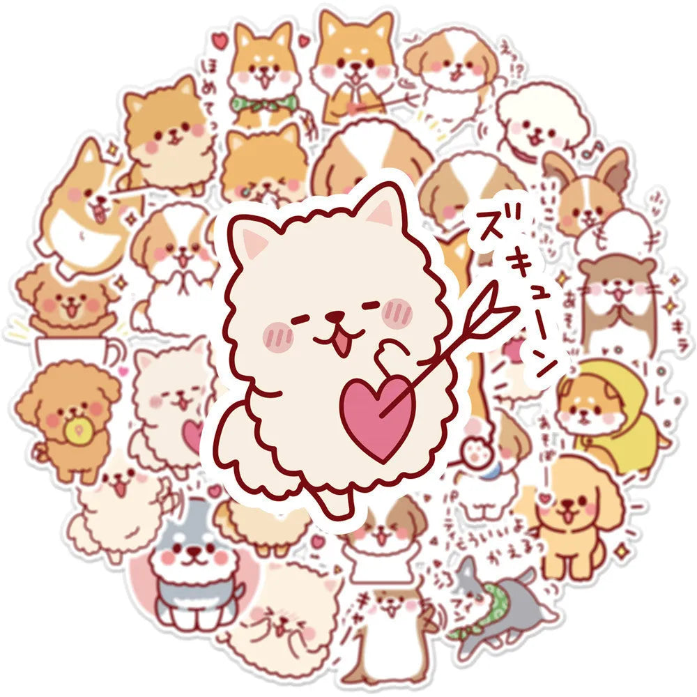 Pack of 50 cute dog graffiti stickers with paper and PVC adhesive, colour L50-82, on a white background