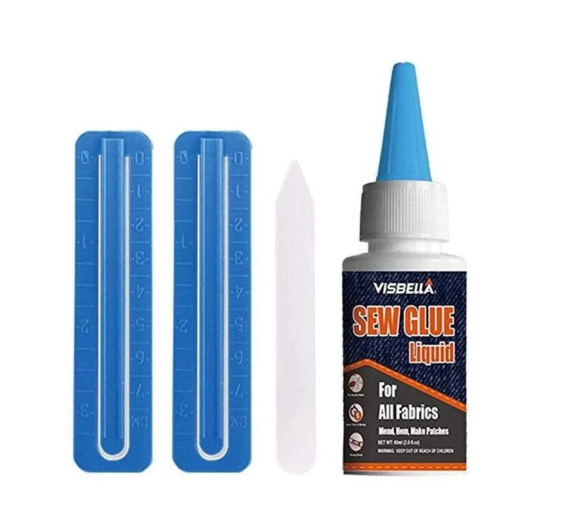 Clothing repair glue kit with two bottles of glue, two fixing clips, and one pen for easy fabric repairs