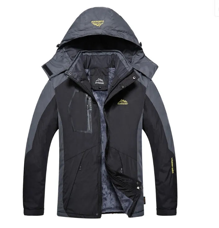 Men's harsh winter jacket in red with fleece lining, fur collar, and waterproof polyester shell