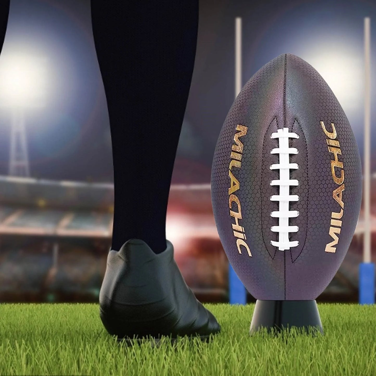 Luminous Rugby Reflective Training Ball in action under night conditions