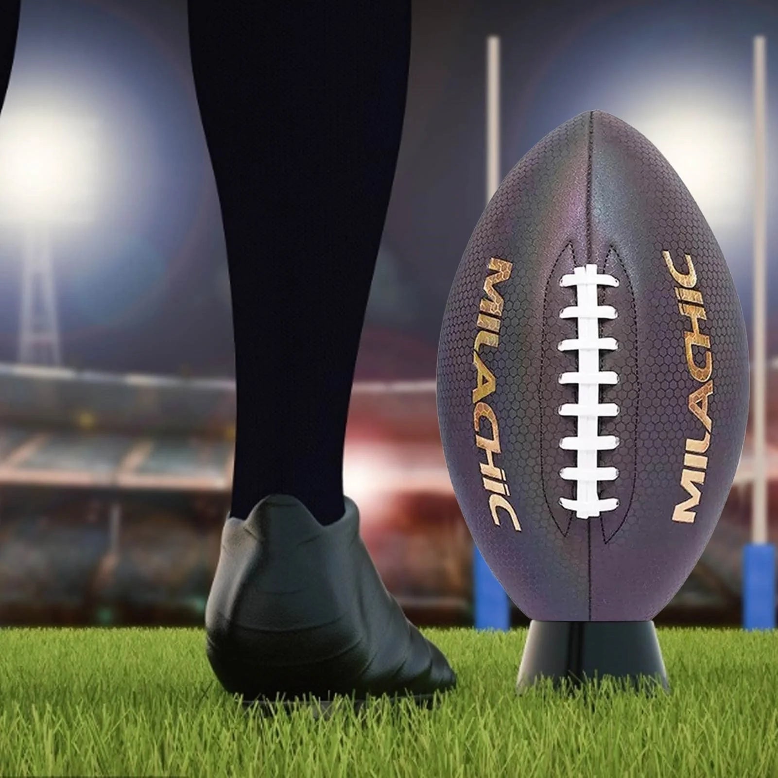 Luminous Rugby Reflective Training Ball in action under night conditions