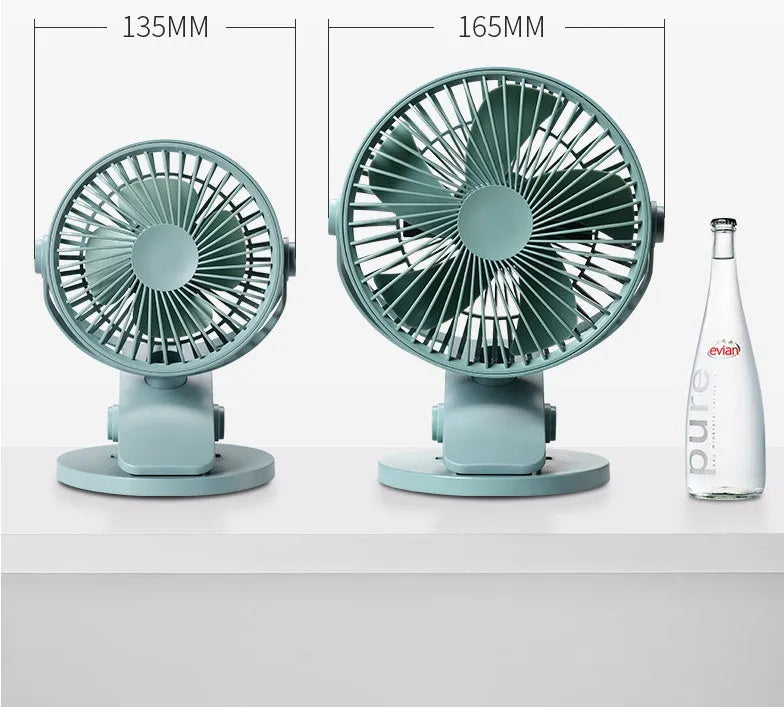 USB clip fan in white mounted on a desk edge with 135mm blades and USB cable