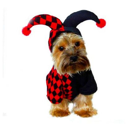 Halloween funny clown costume for dogs and cats, black and red design, includes hat and shirt