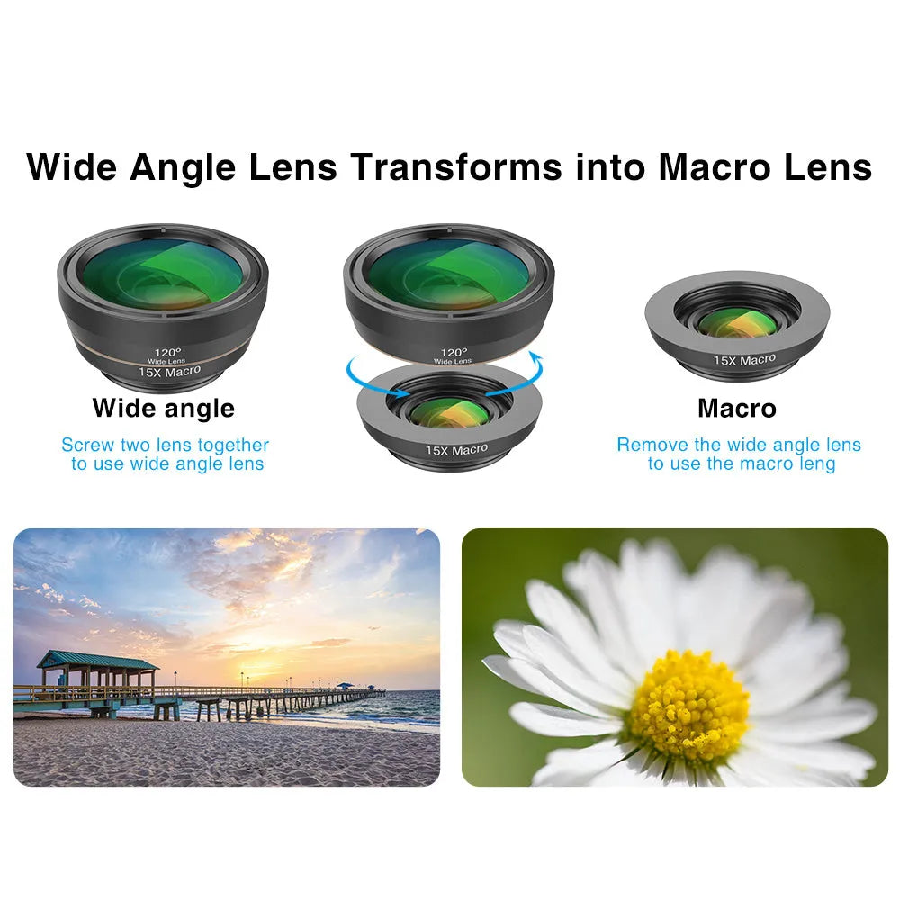 Black 6-in-1 universal smartphone lens kit with fisheye, macro, wide-angle, telephoto, CPL and star filter lenses and a clip.