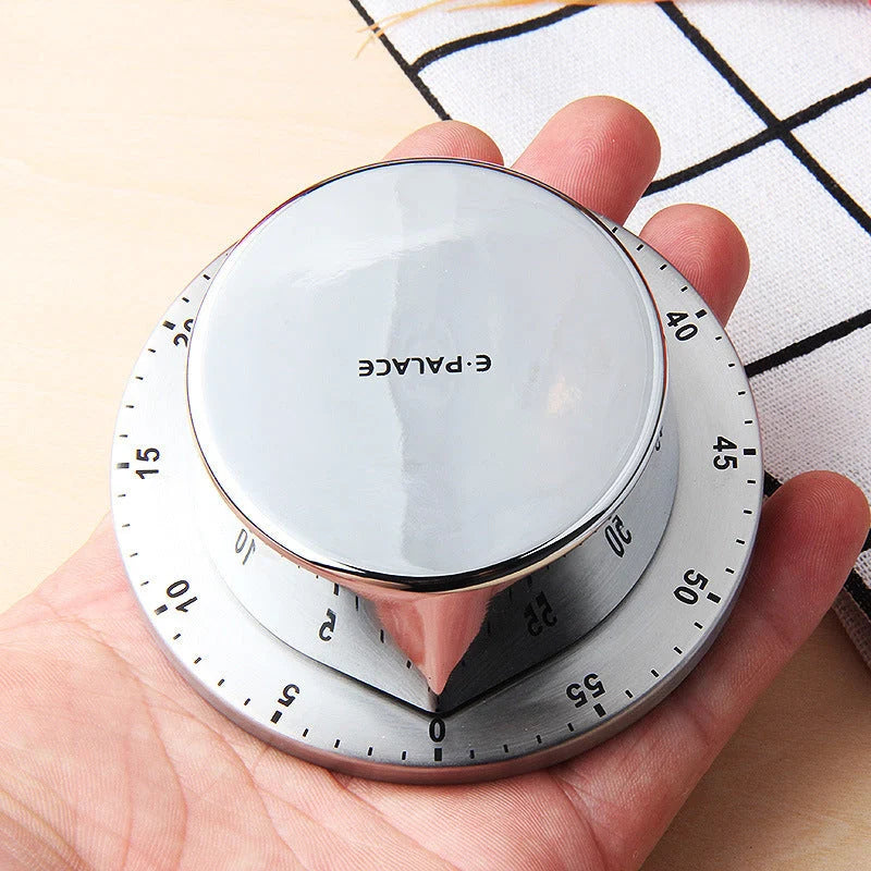 Stainless steel mechanical kitchen timer with magnetic back, no batteries required