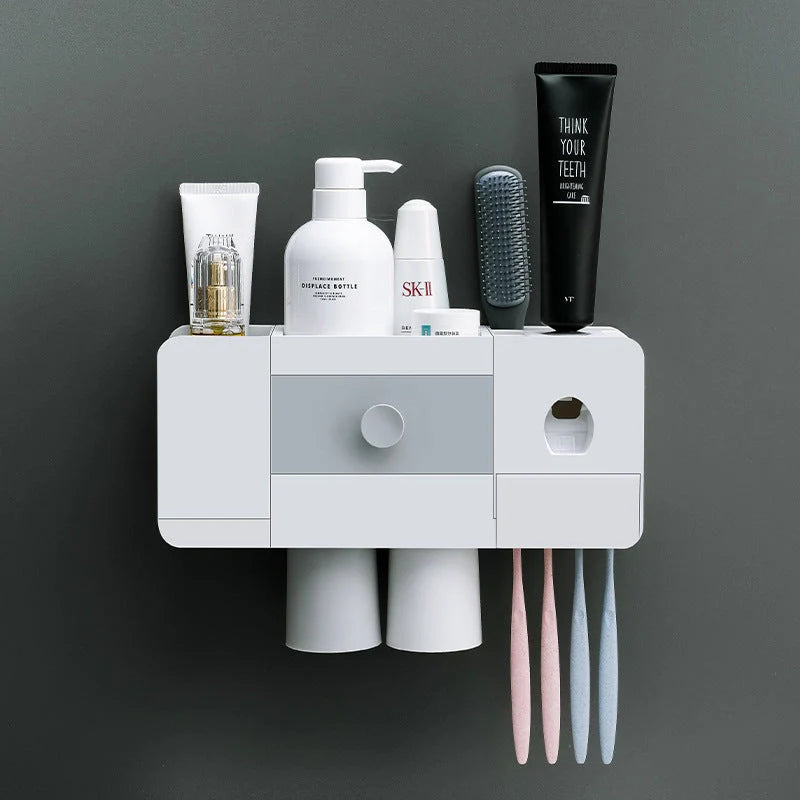 Wall-mounted magnetic toothbrush rack with automatic toothpaste dispenser in white plastic