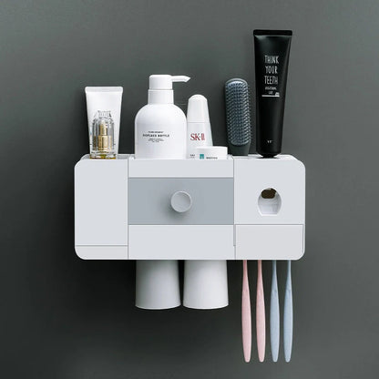 Wall-mounted magnetic toothbrush rack with automatic toothpaste dispenser in white plastic