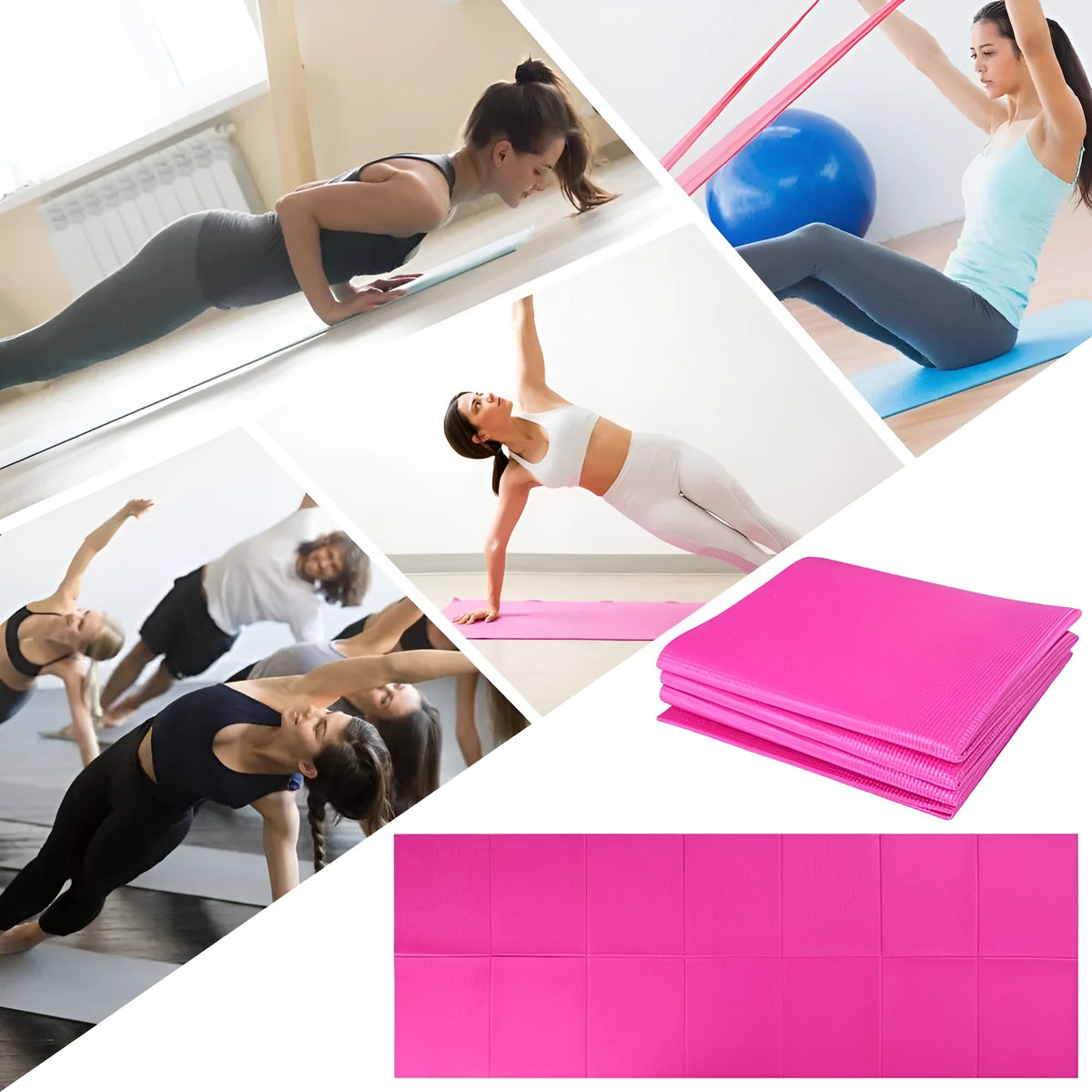 Folding non slip PVC yoga mat with high-density foam cushioning, side handles, and zipper cushion jacket, available in multiple colours