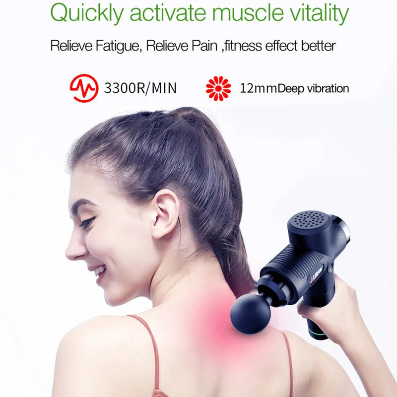 Fascia massage gun with six massage heads, 30-speed control, black colour, rechargeable battery
