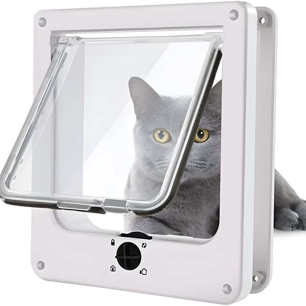 Interior cat door with rotary lock and magnetic closure in Black, showing the frame and flap