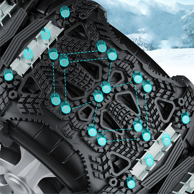 SUV winter snow chains with steel plates in black or yellow including snow shovel and tools